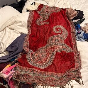 Turkish Red Paisley Scarf wrap  with Fringe and beading perfect shape!